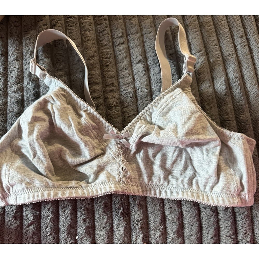 Bali Bra #3036 Gray 40 B All Cotton Wireless Adjustable Straps Lace Bow A3229